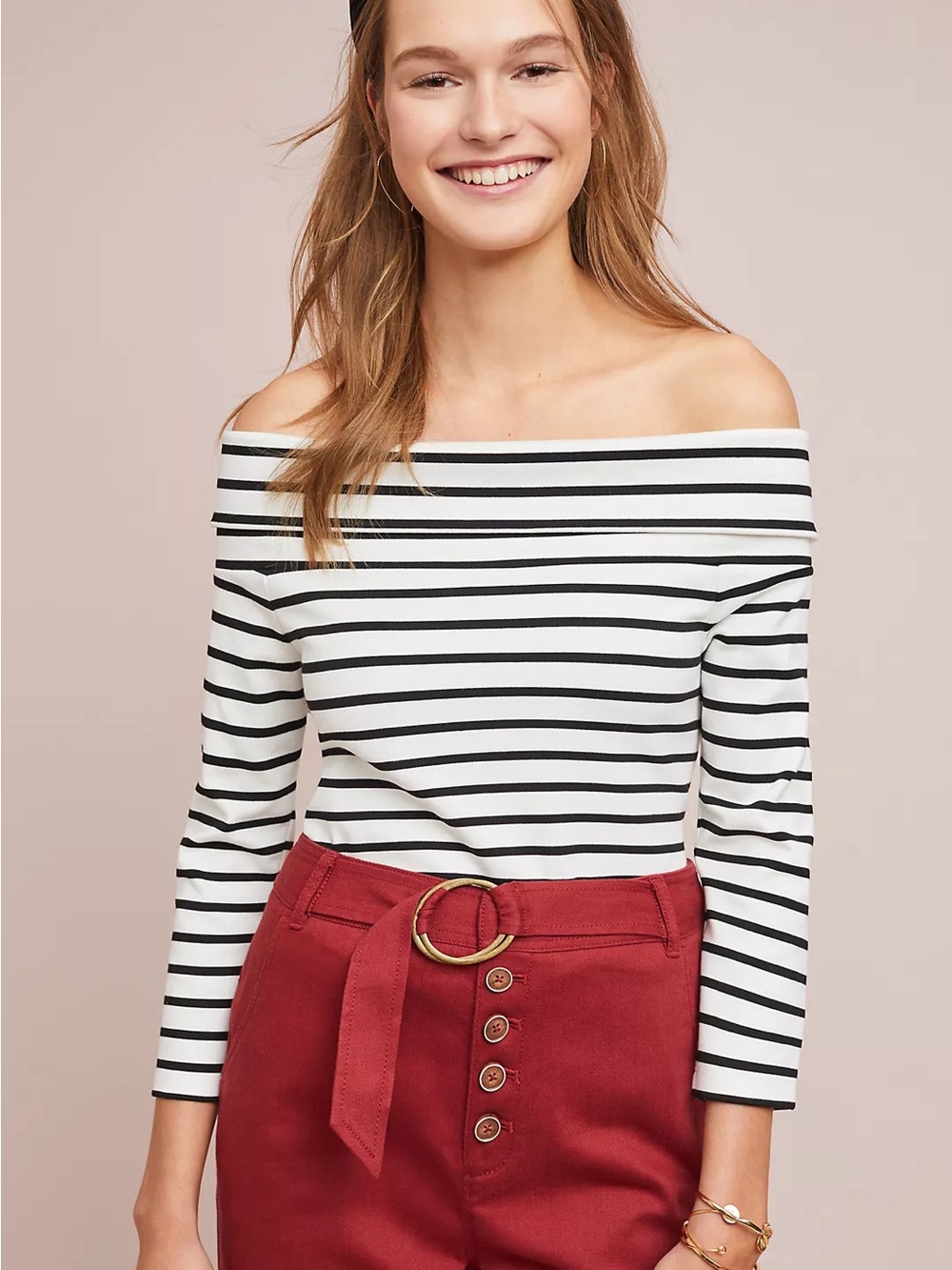 Anthropologie Rosiers Black & White Striped Off Shoulder Top Stretch Knit LP
